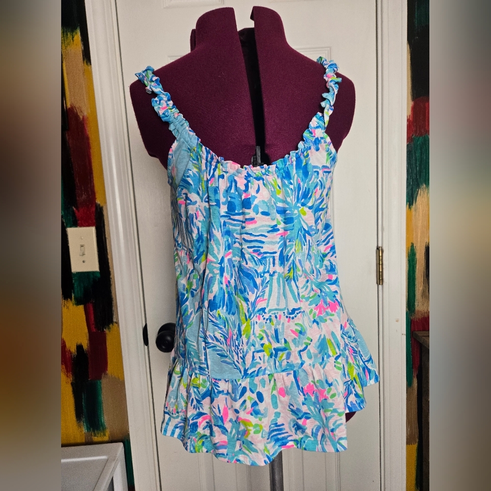 Lilly Pulitzer Floral Beachy Loro Top In Blue Ibiza Cabana Cocktail XS - Picture 2 of 6